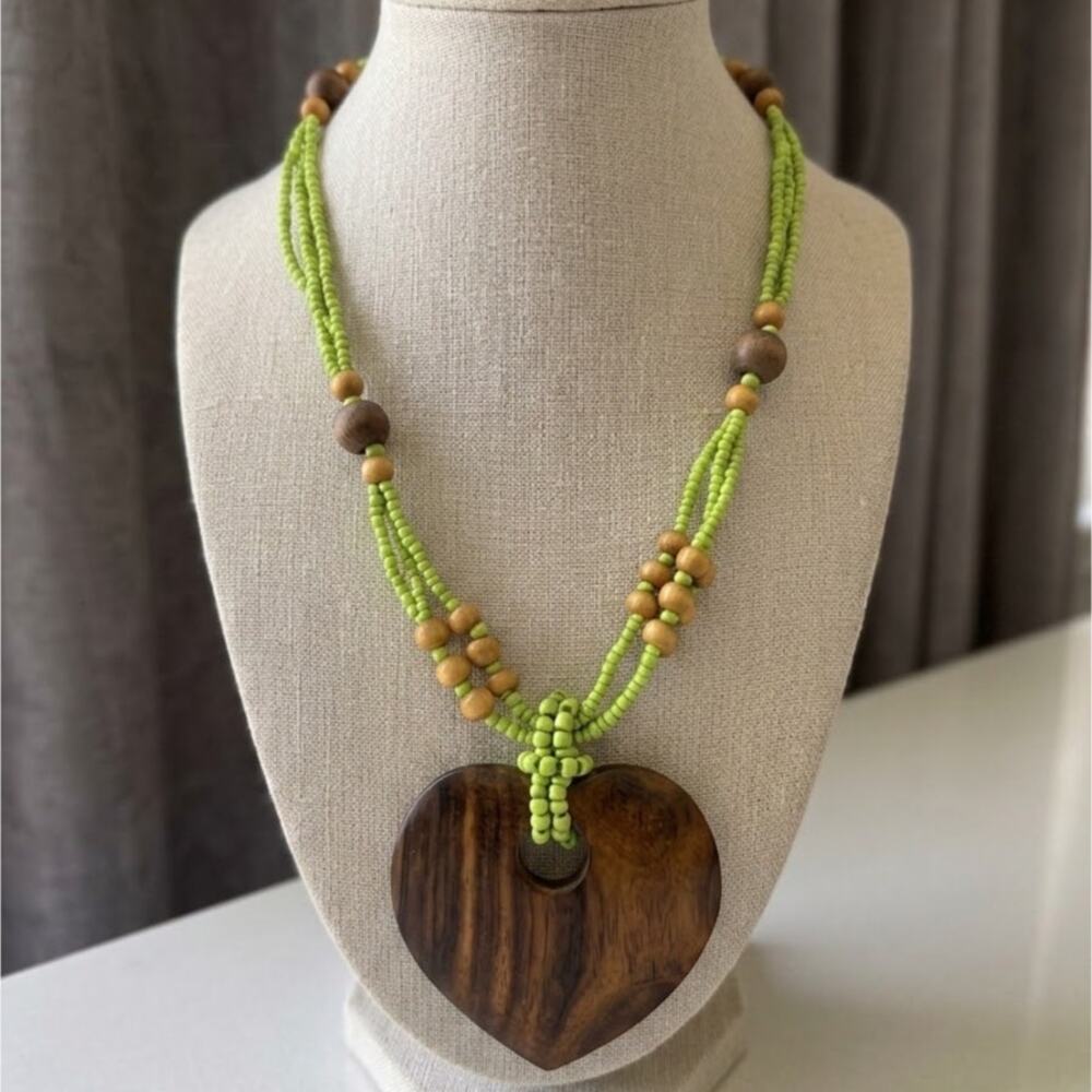 Vintage 1970s Boho Wood Heart Multi-Strand Beaded Necklace 17”